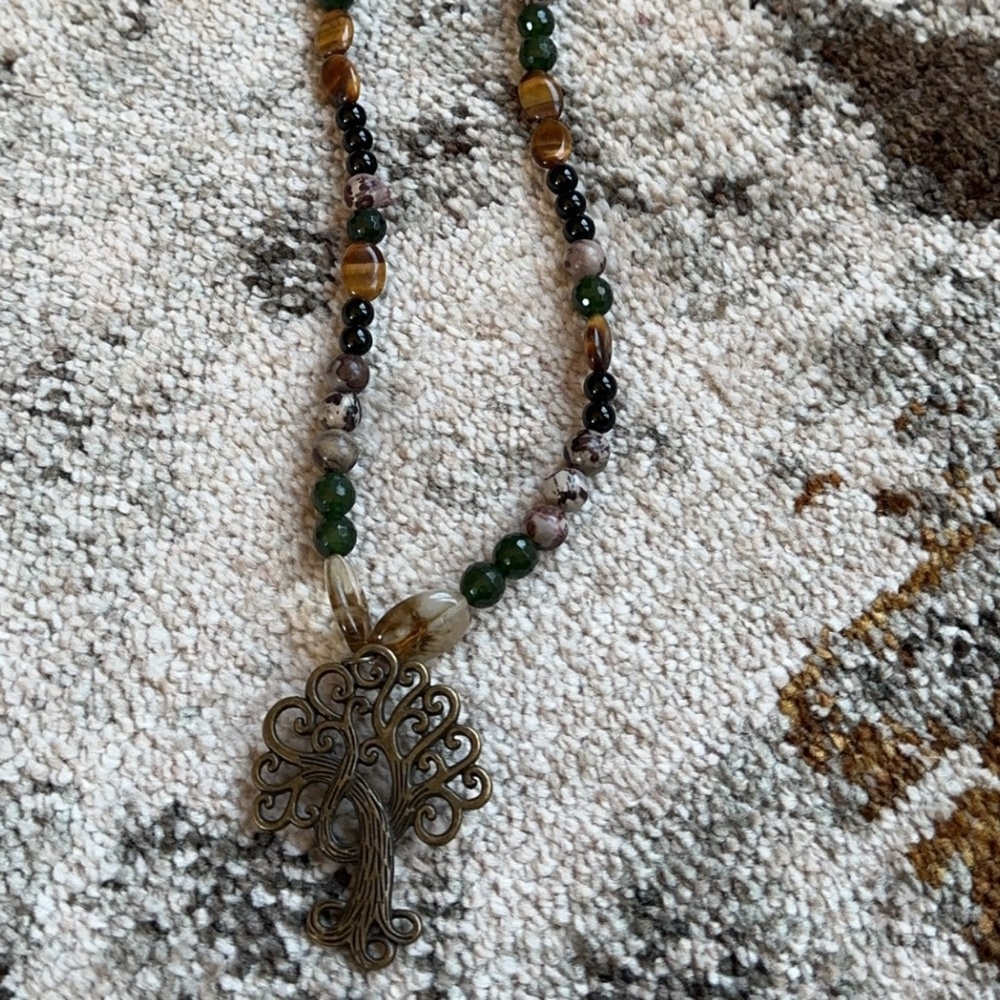 Fantasy Tree Necklace (Canadian Jade, Black Onyx,Tiger’s Eye & Lemon Quartz)